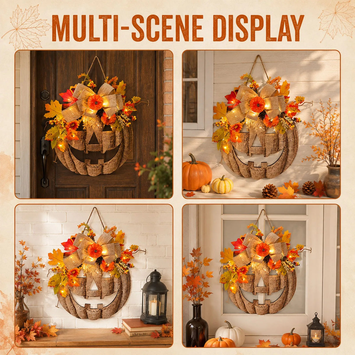 Lighted Burlap Pumpkin Wreath Halloween Door Hanging Decor