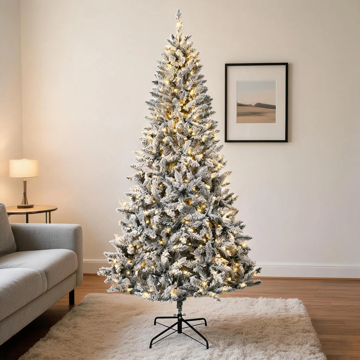 HiMISS Pre Lit Flocked Christmas Tree With Lights and Stand