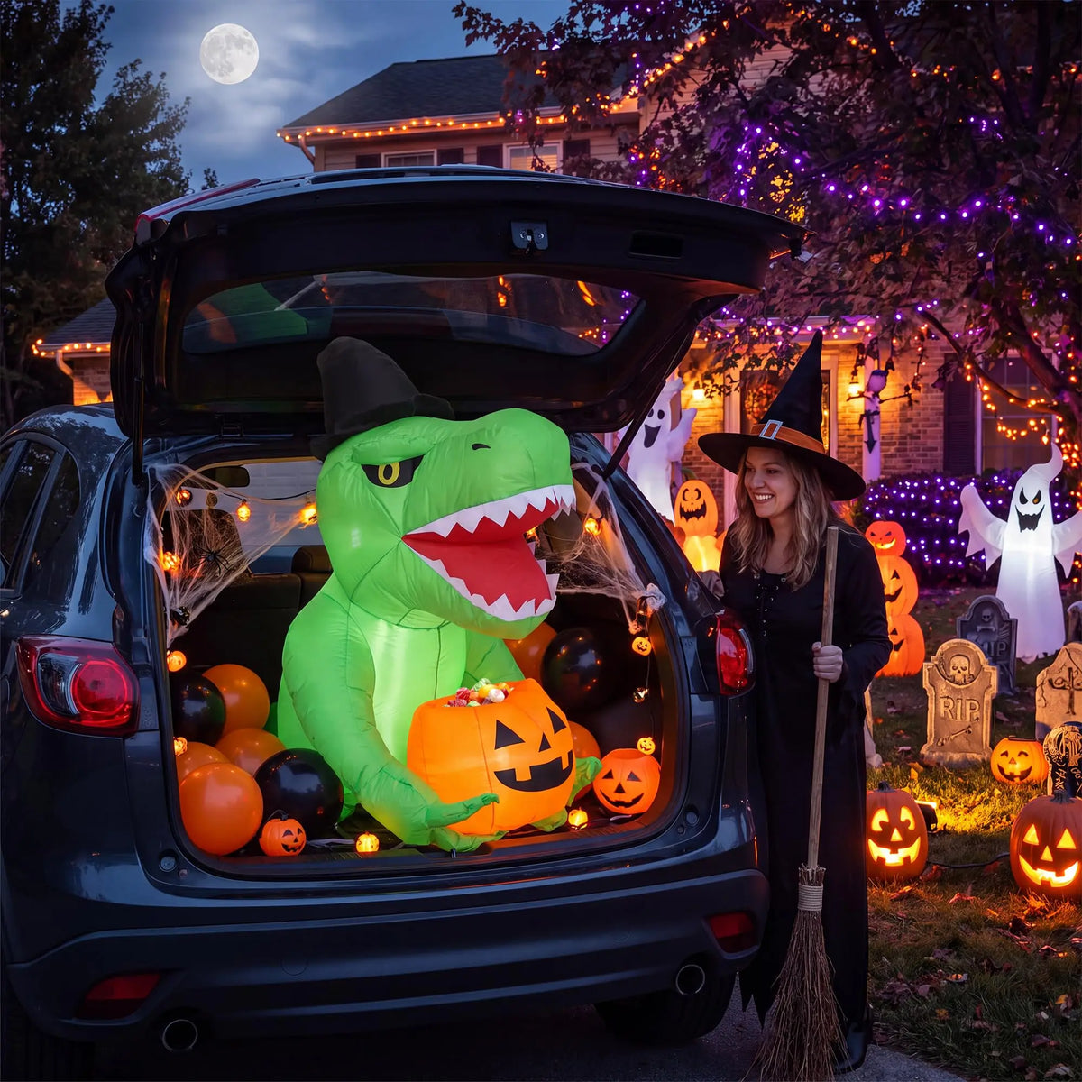 Animated Halloween Inflatable Dinosaur With Pumpkin LED Lights Outdoor Decoration