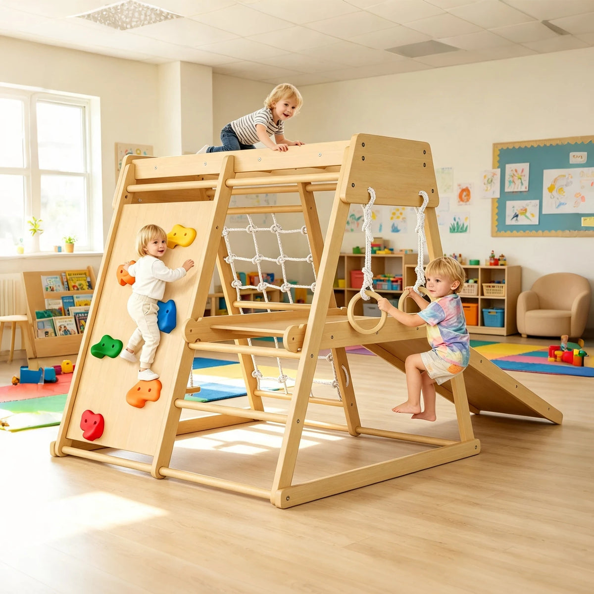 HiMISS 6in1 Wooden Indoor Jungle Gym Slide Climber Kids