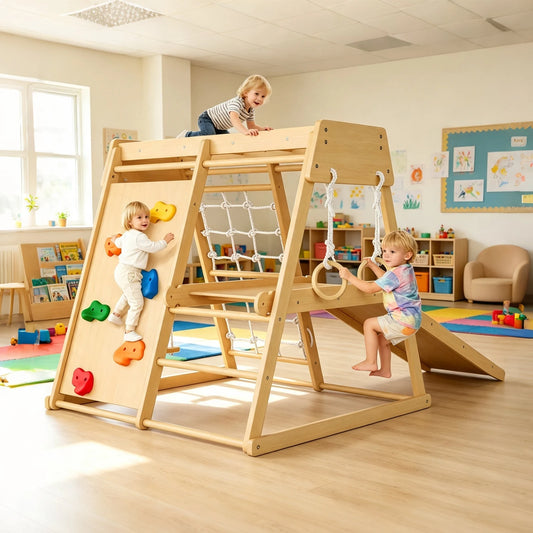 HiMISS 6in1 Wooden Indoor Jungle Gym Slide Climber Kids