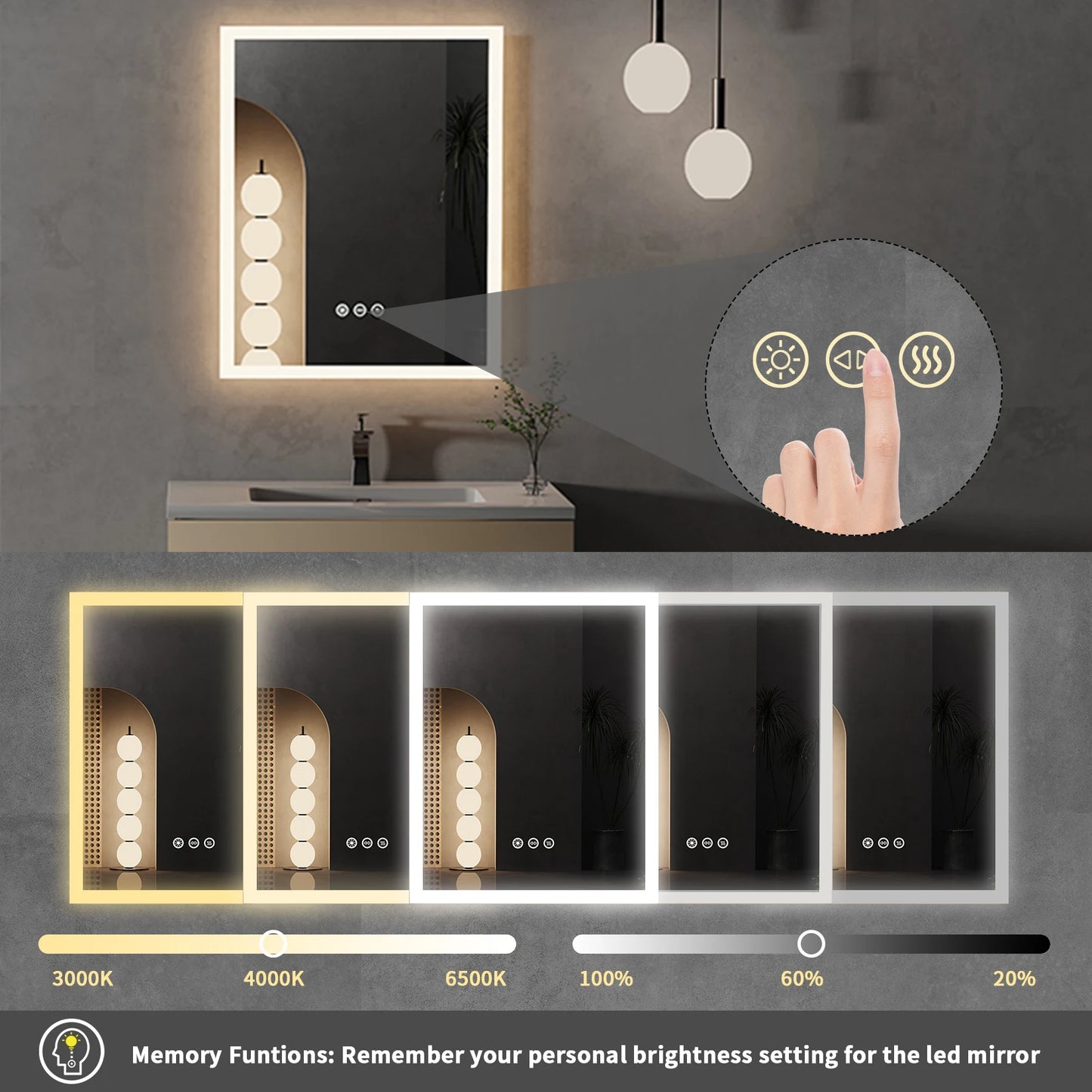 LED Vanity Mirror Illuminated Anti Fog Bathroom Wall Mount