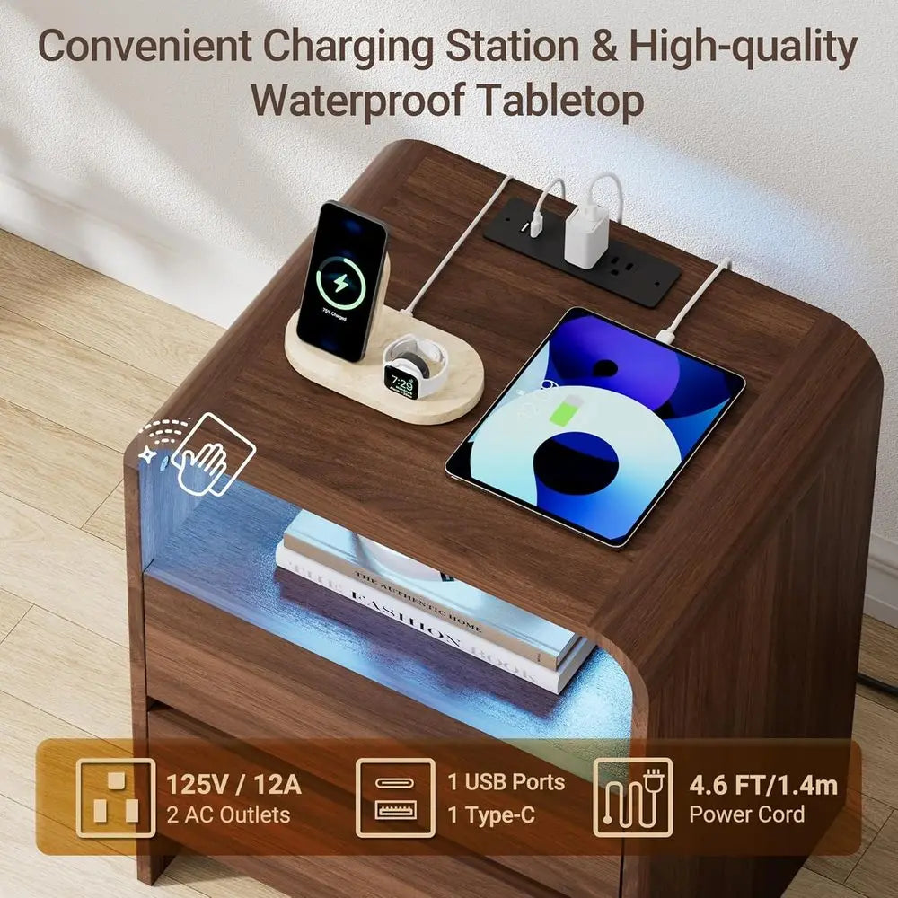Nightstand With Charging Station And LED Light Two Drawers