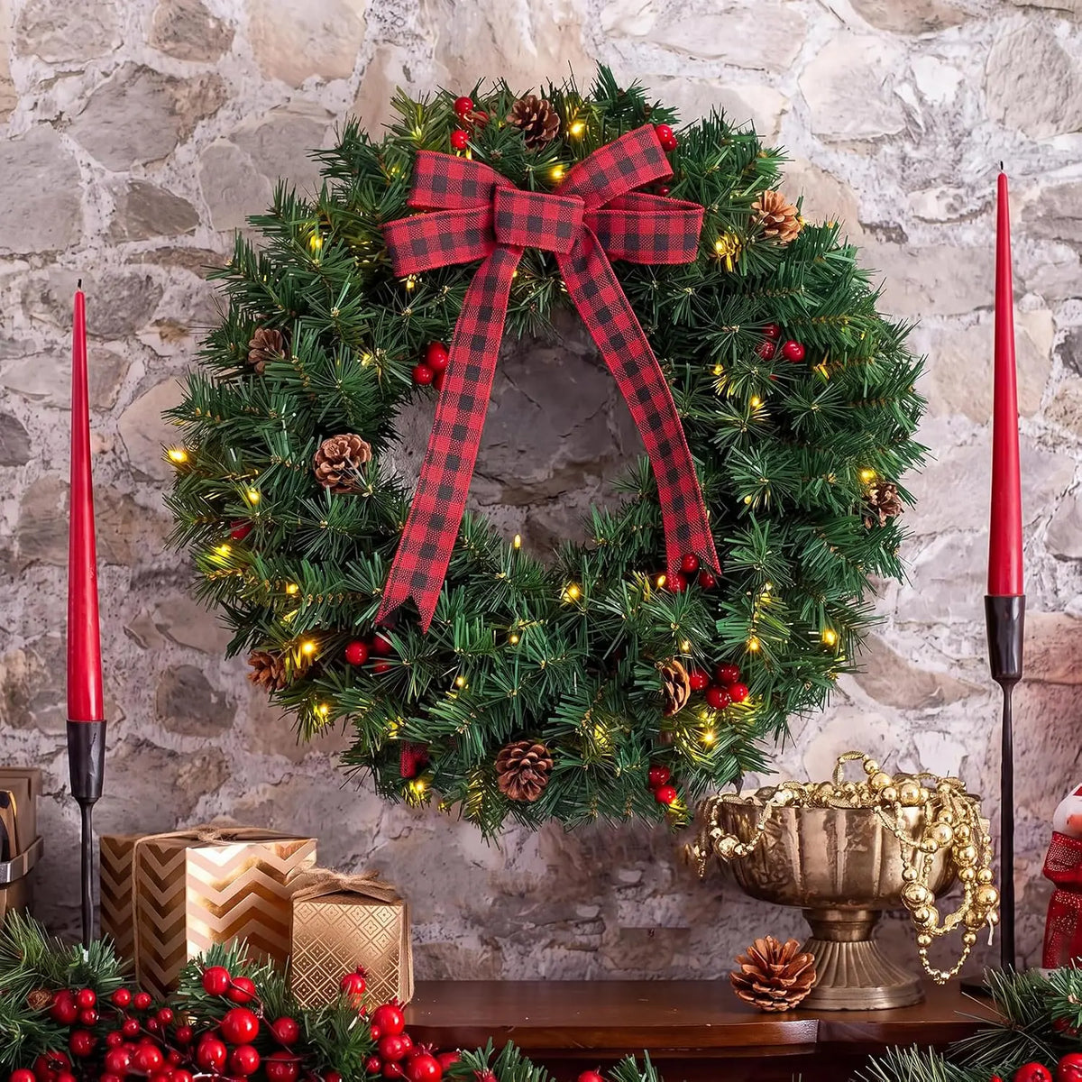 Tacleekii Artificial Christmas Wreath With Pinecones Bow And LEDs