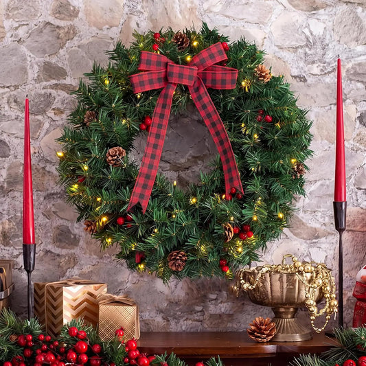 Tacleekii Artificial Christmas Wreath With Pinecones Bow And LEDs