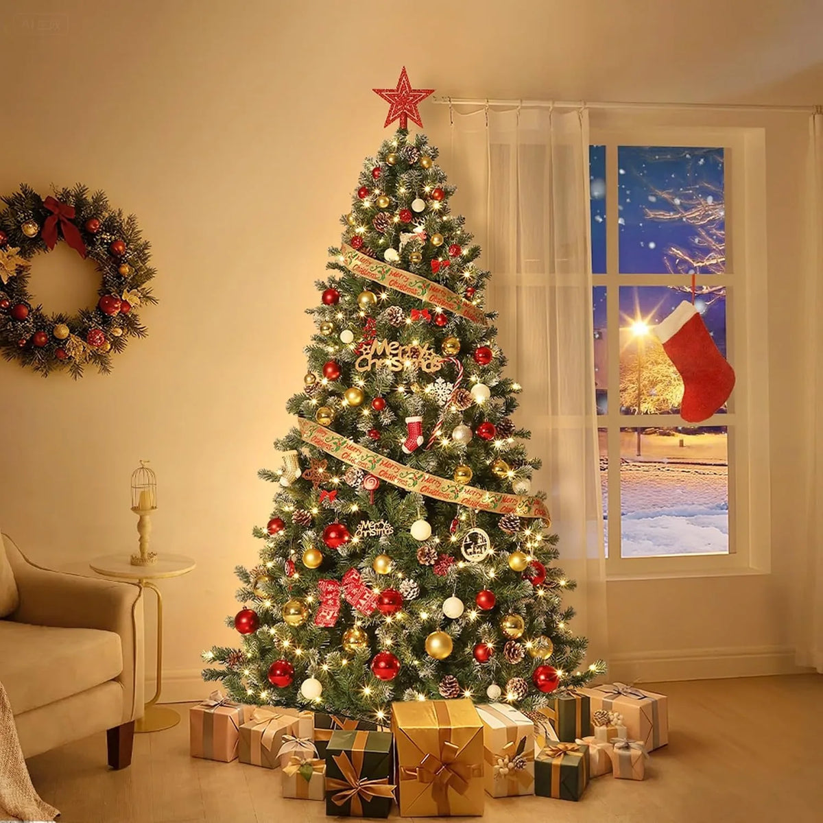 Pre Lit Snow Flocked Pencil Spruce Artificial Christmas Tree