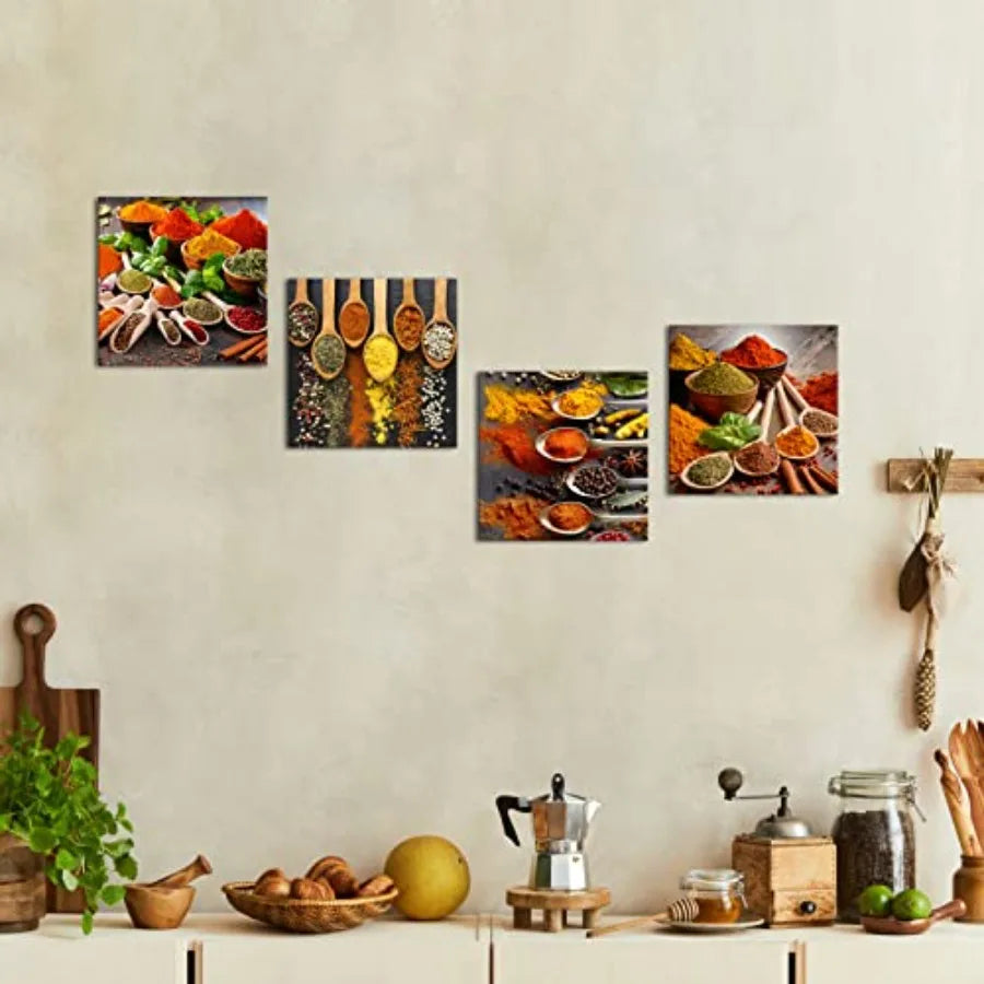 Abstract Kitchen Wall Art 4 Piece Spices And Spoons Framed Canvas Prints