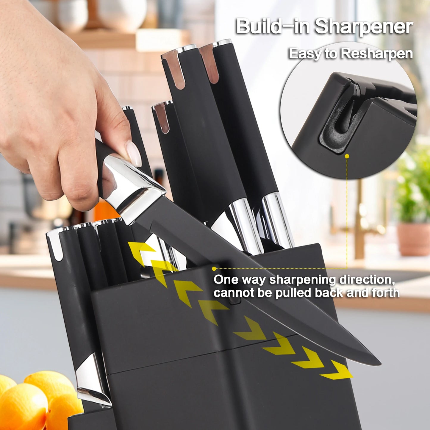 Professional Kitchen Knife Block Set With 6 Steak Knives Nonstick