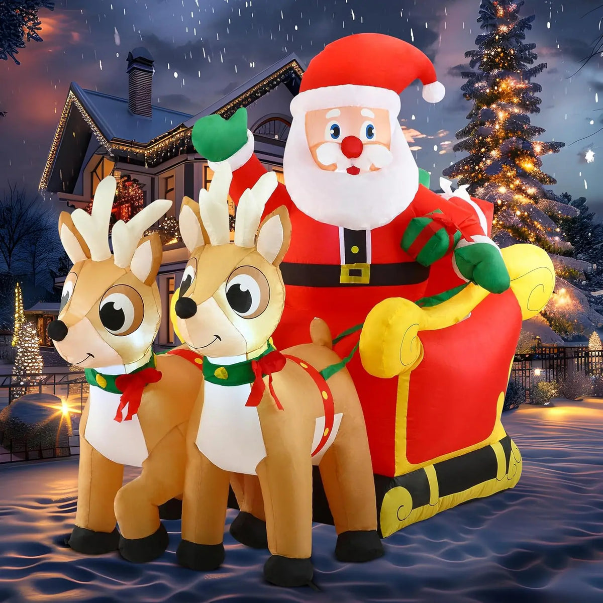 Joyfy Santa Sleigh With Reindeer LED Christmas Inflatable Decoration