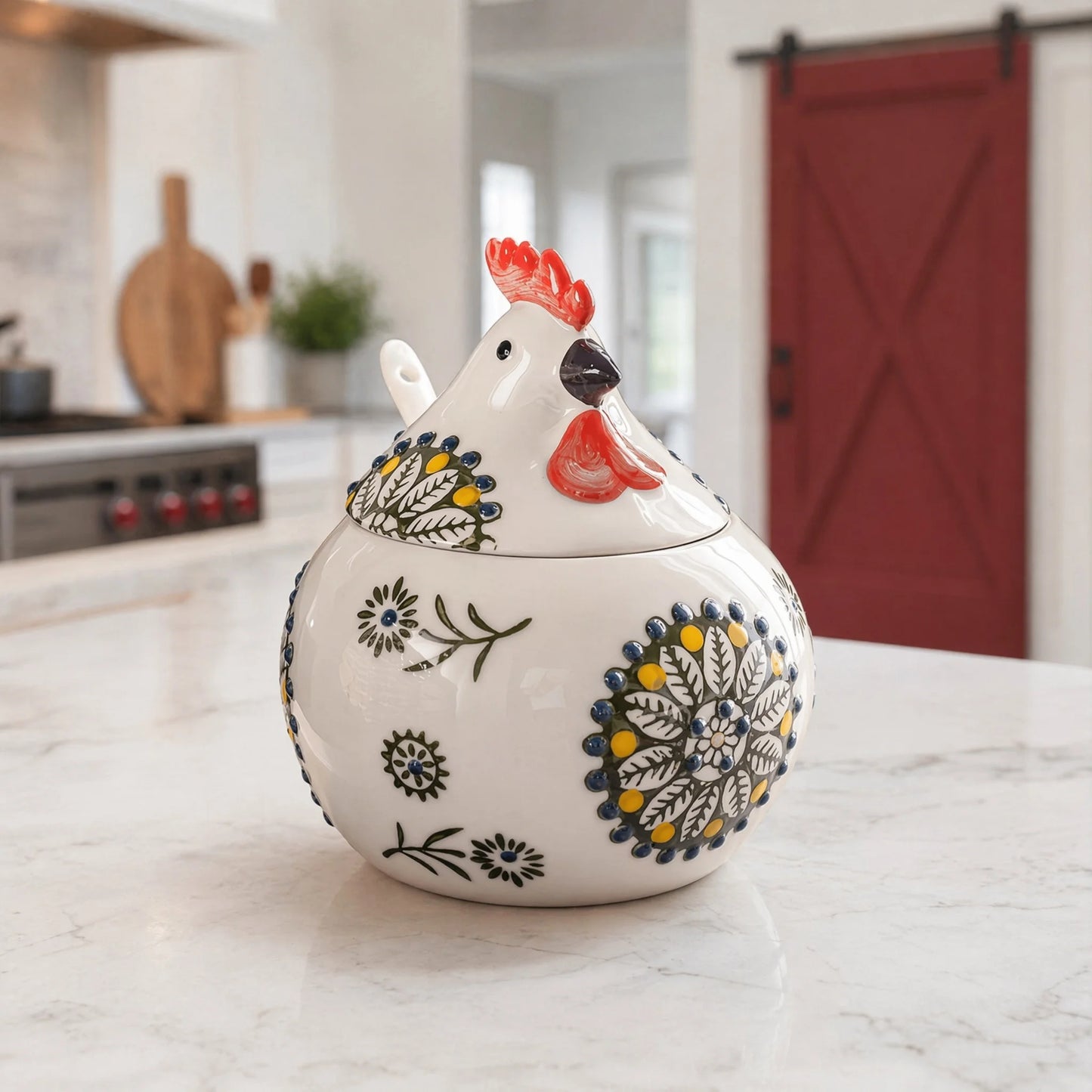Ceramic Salt Cellar With Lid And Spoon Farmhouse Chicken Design