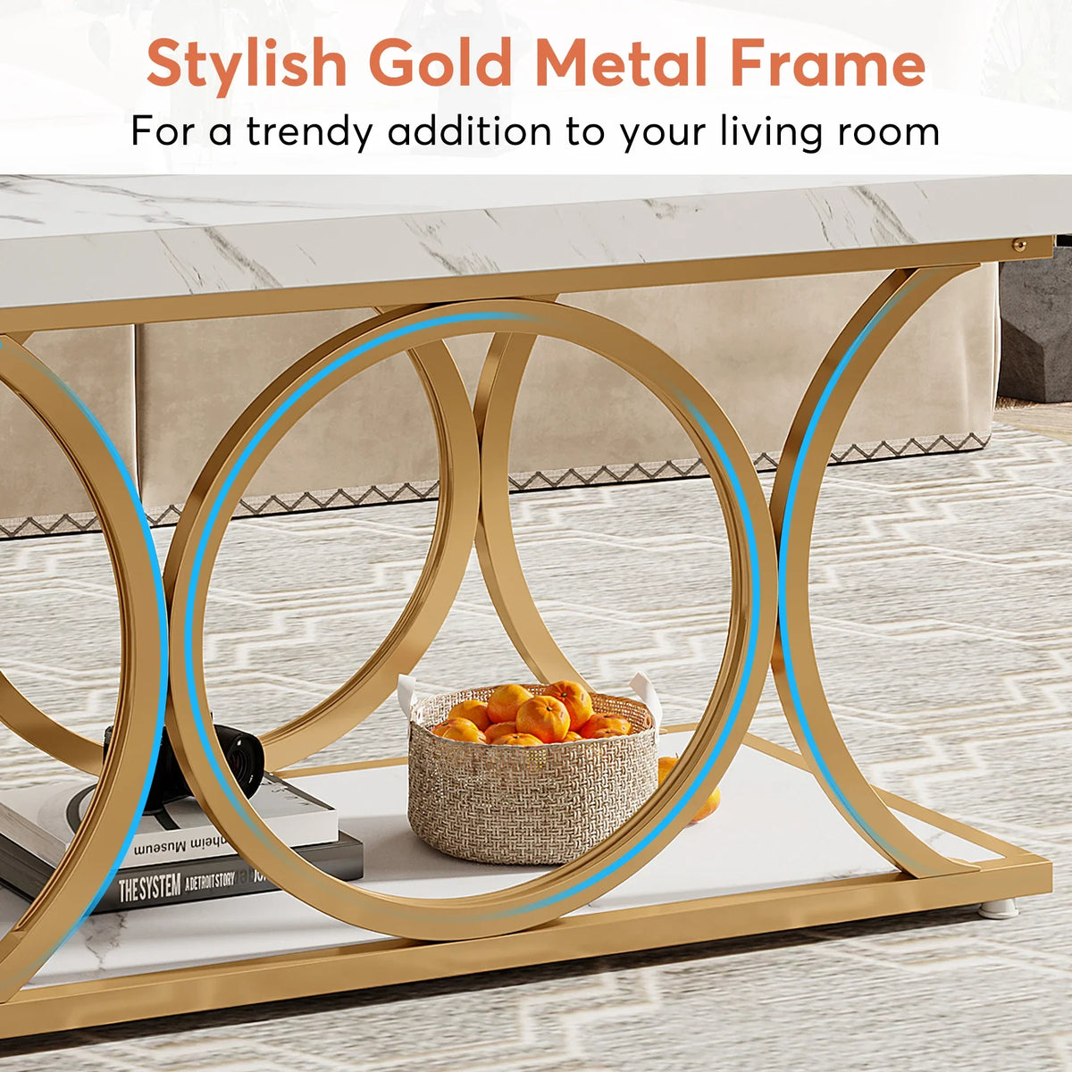 Tribesigns Modern Rectangle Coffee Table With Faux Marble Shelf