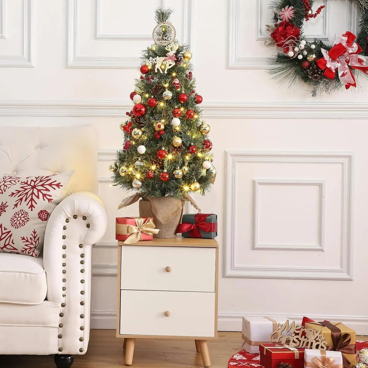 HiMISS Flocked Artificial Christmas Tree with Warm White Lights
