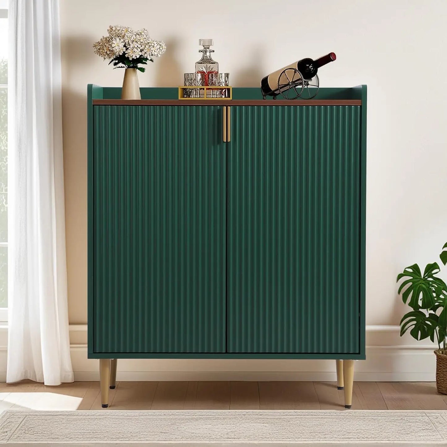 Wood Bar Cabinet With Wine Rack And Fluted Glass Holders