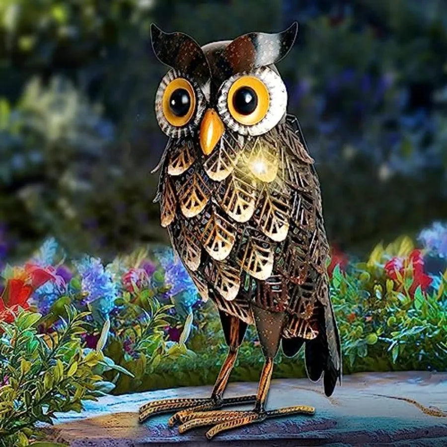 Metal Owl Garden Statue With Solar LED Lights For Patio