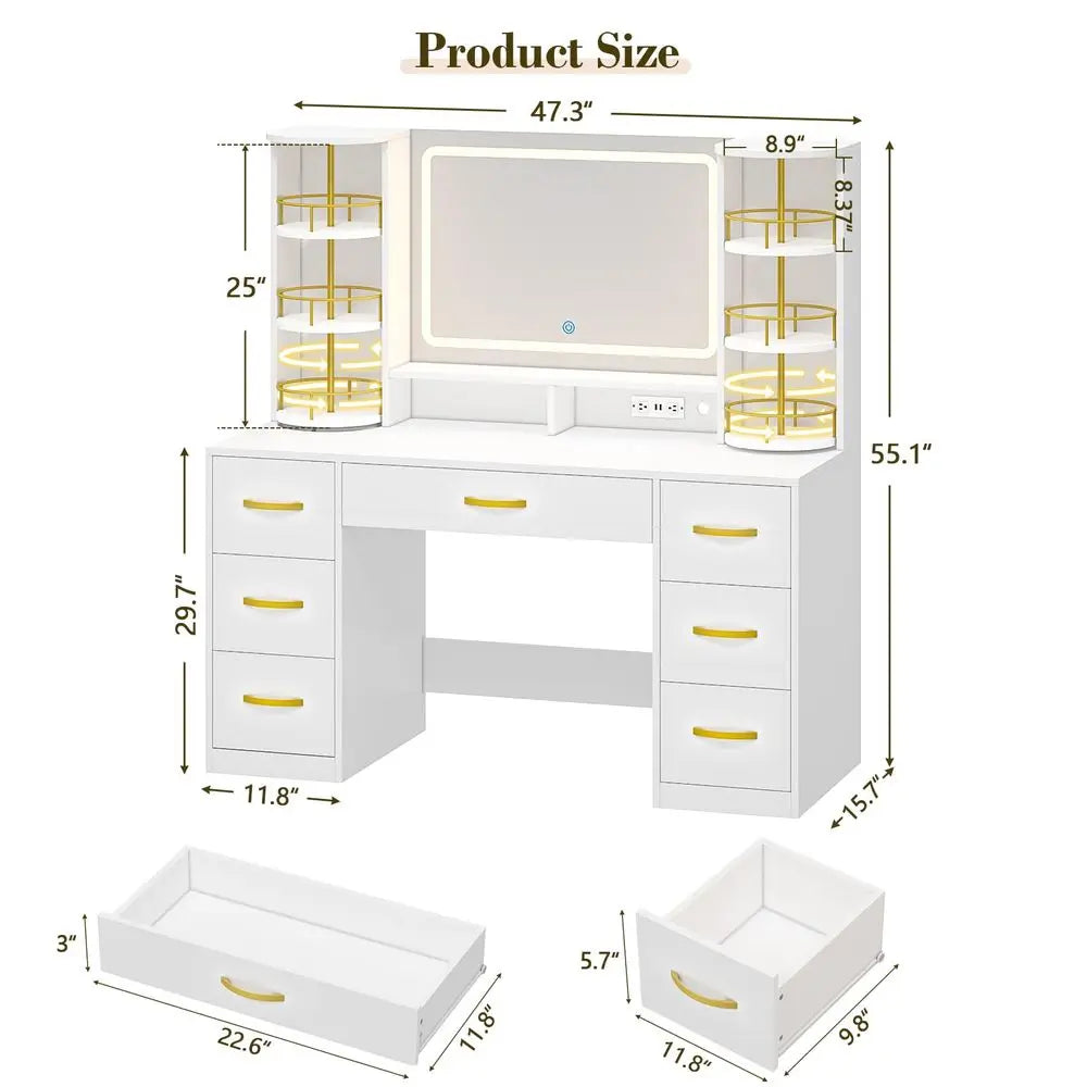 Makeup Vanity Desk With LED Mirror 360 Rotating Organizer And Charging Station
