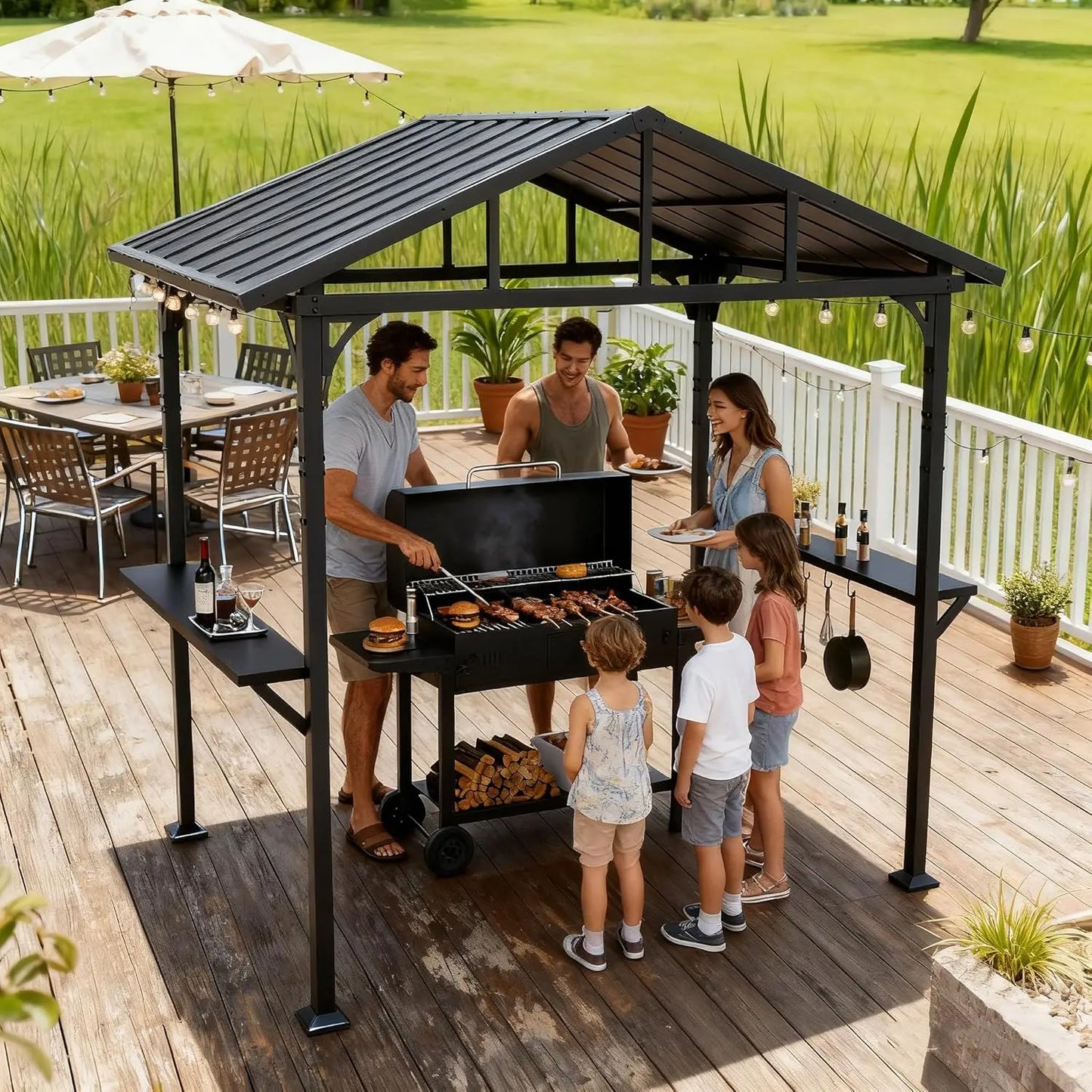 Metal BBQ Grill Gazebo With Triangular Roof And Two Shelves