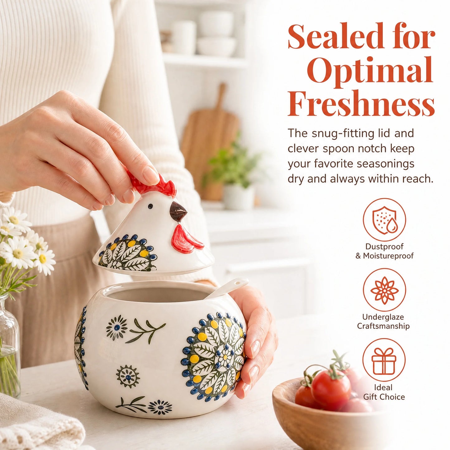 Ceramic Salt Cellar With Lid And Spoon Farmhouse Chicken Design