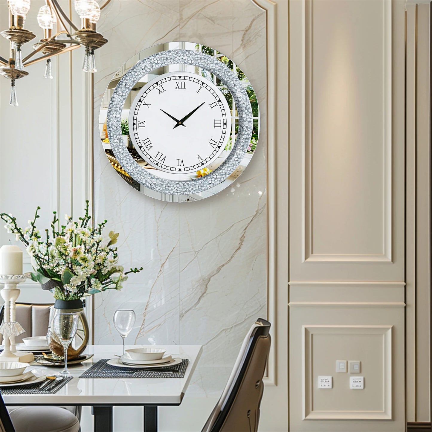 Round Mirror Clock With Crystal Sparkle Mirrored Wall Decor