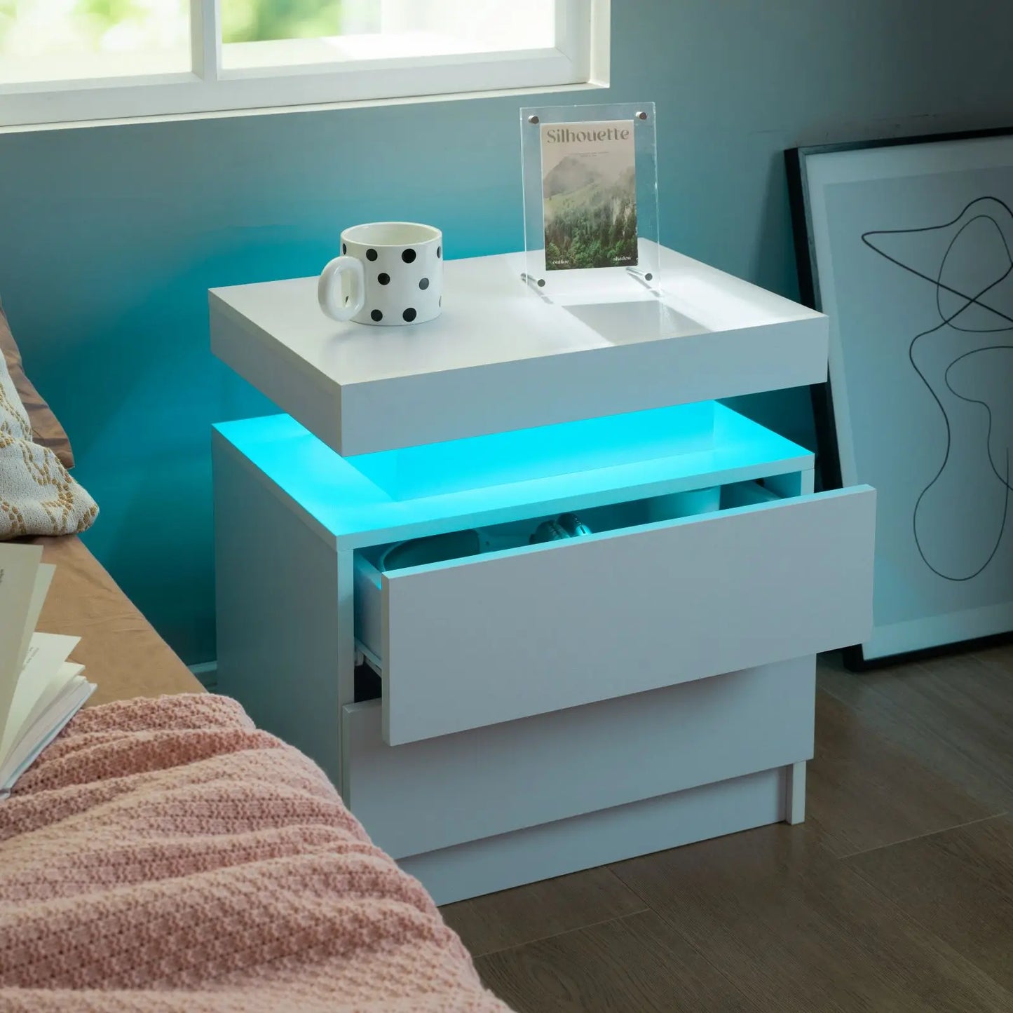 Cubehom Nightstand Set Of 2 With LED Drawers Bedside Table