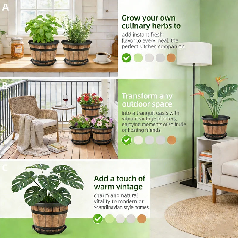 Resin Imitation Wooden Barrel Planter Indoor Outdoor Flower Pot