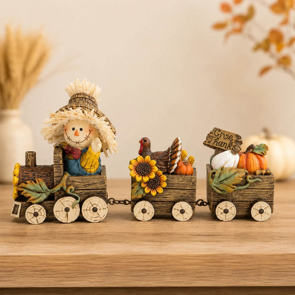 Hodao Scarecrow Resin Fall Harvest Train Figurine Set