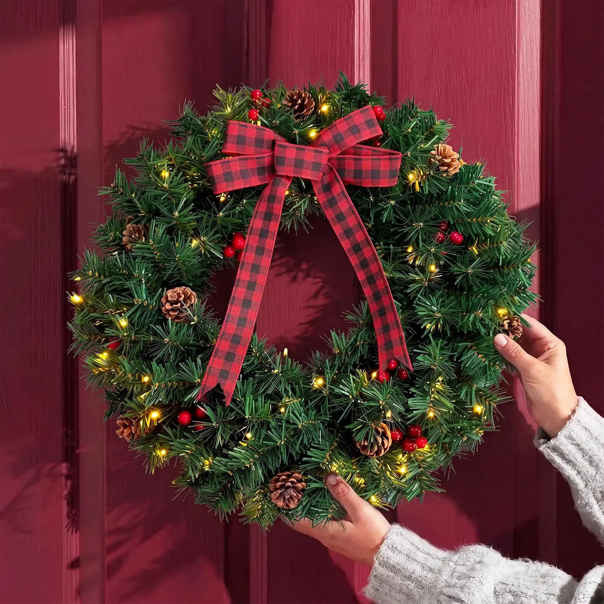 Tacleekii Artificial Christmas Wreath With Pinecones Bow And LEDs