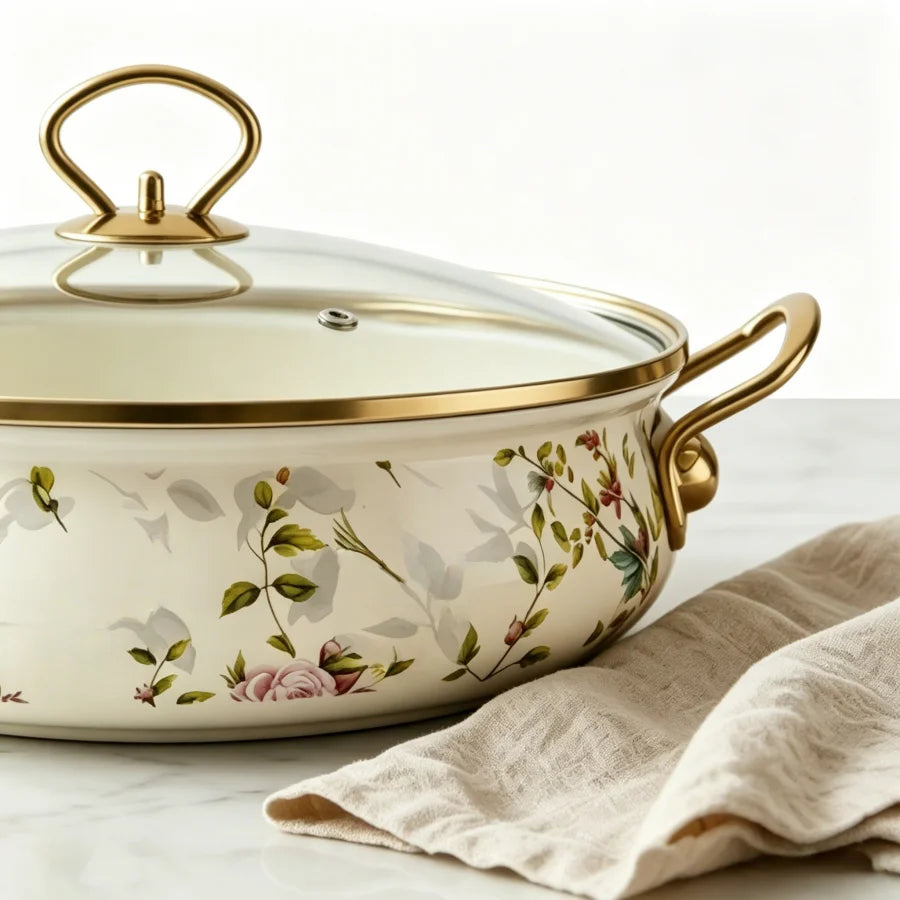 Enamel Stock Pot With Glass Lid Vintage Bird Botanical Print
