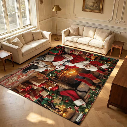 Christmas Fireplace Rug With Santa Claus And Dog Holiday Decor