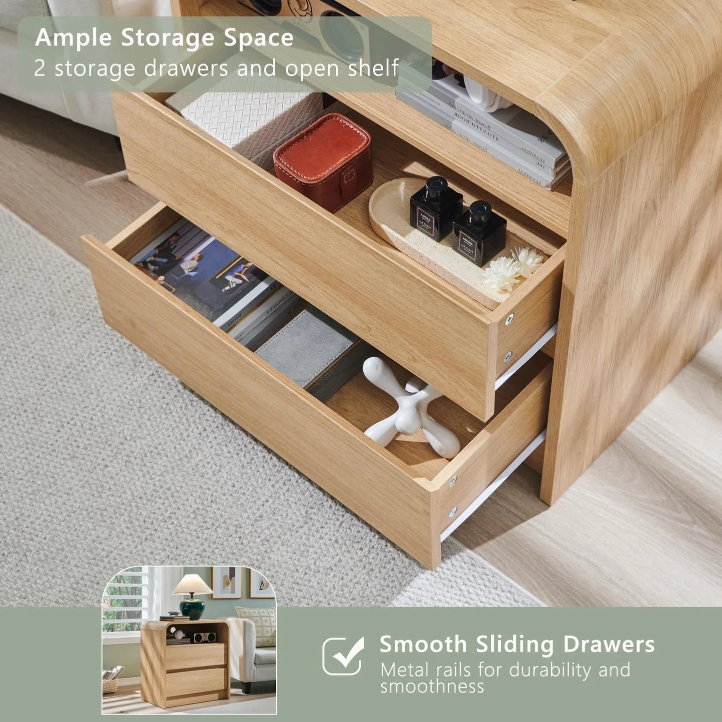 Wooden Nightstand With Charging Station And Two Storage Drawers