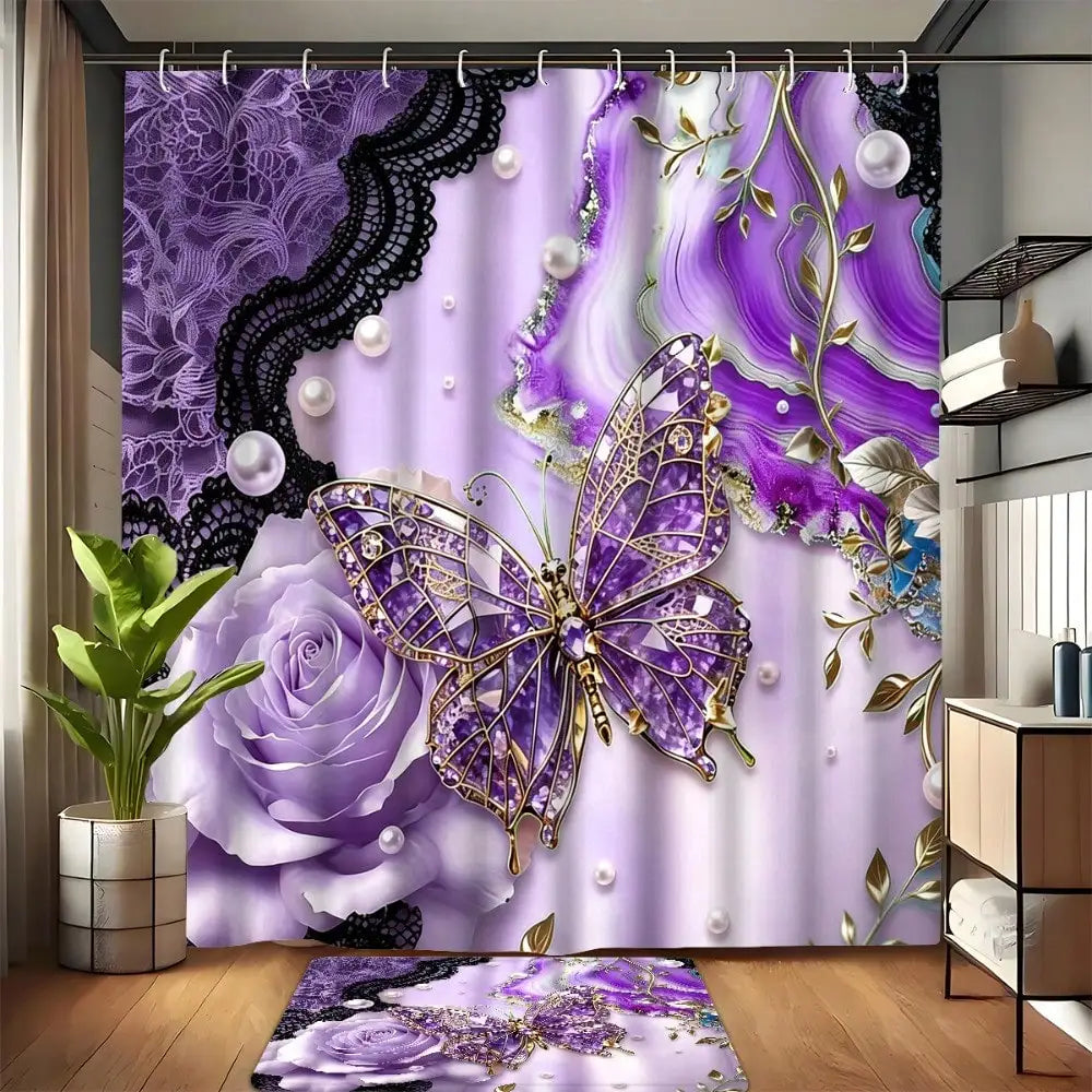 Marble Butterfly Shower Curtain Set With Anti Slip Lid