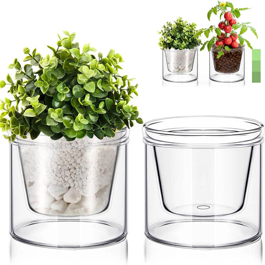 Clear Glass Self Watering Planter For Indoor Plants With Saucer Reservoir Drainage