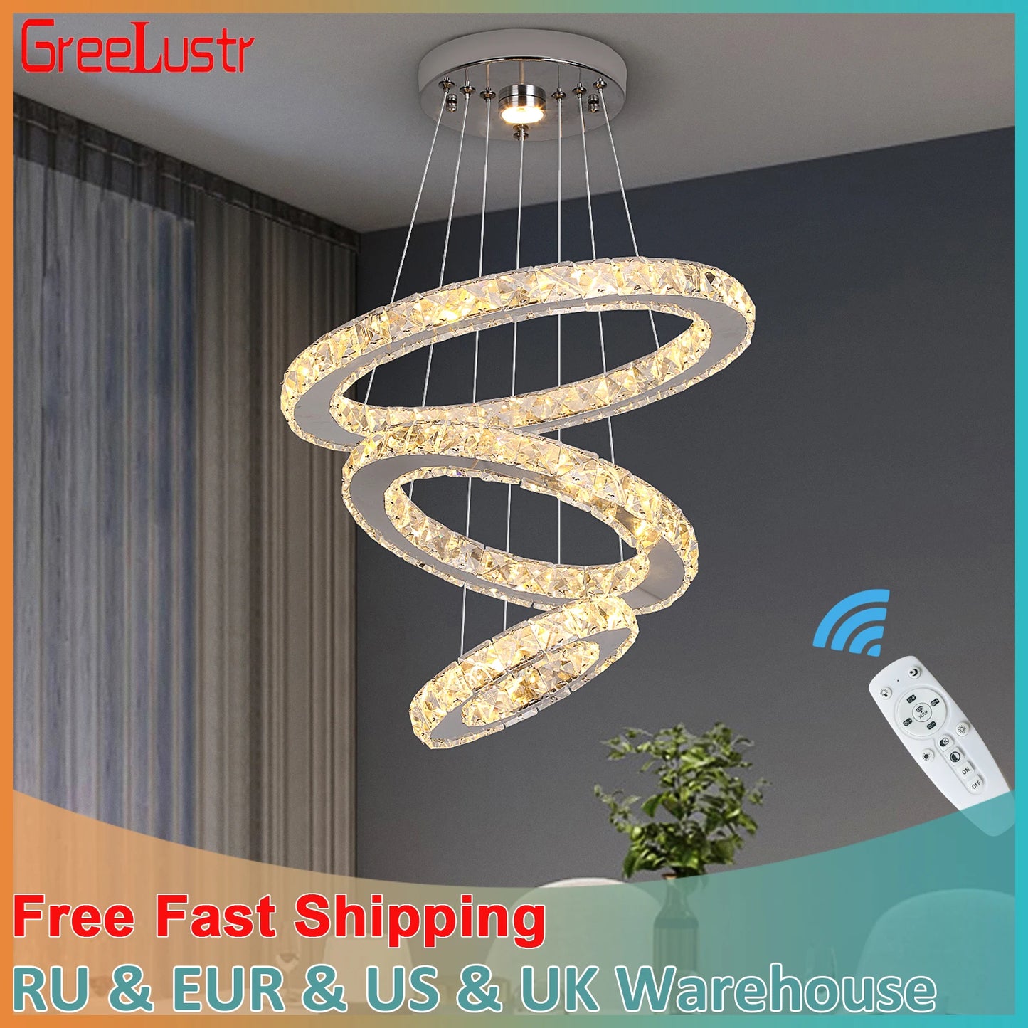 GreeLustr Led Crystal Pendant Chandelier Ring Light For Living Room