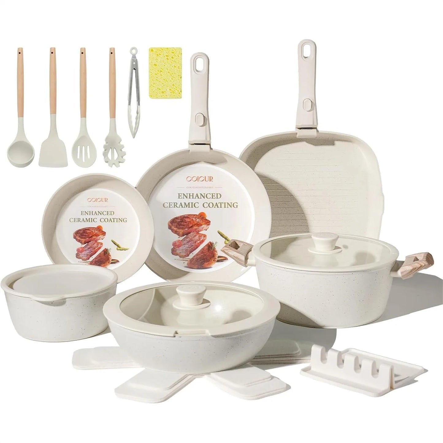 Ceramic Cookware Set With Detachable Handle Nonstick Induction Dishwasher Safe