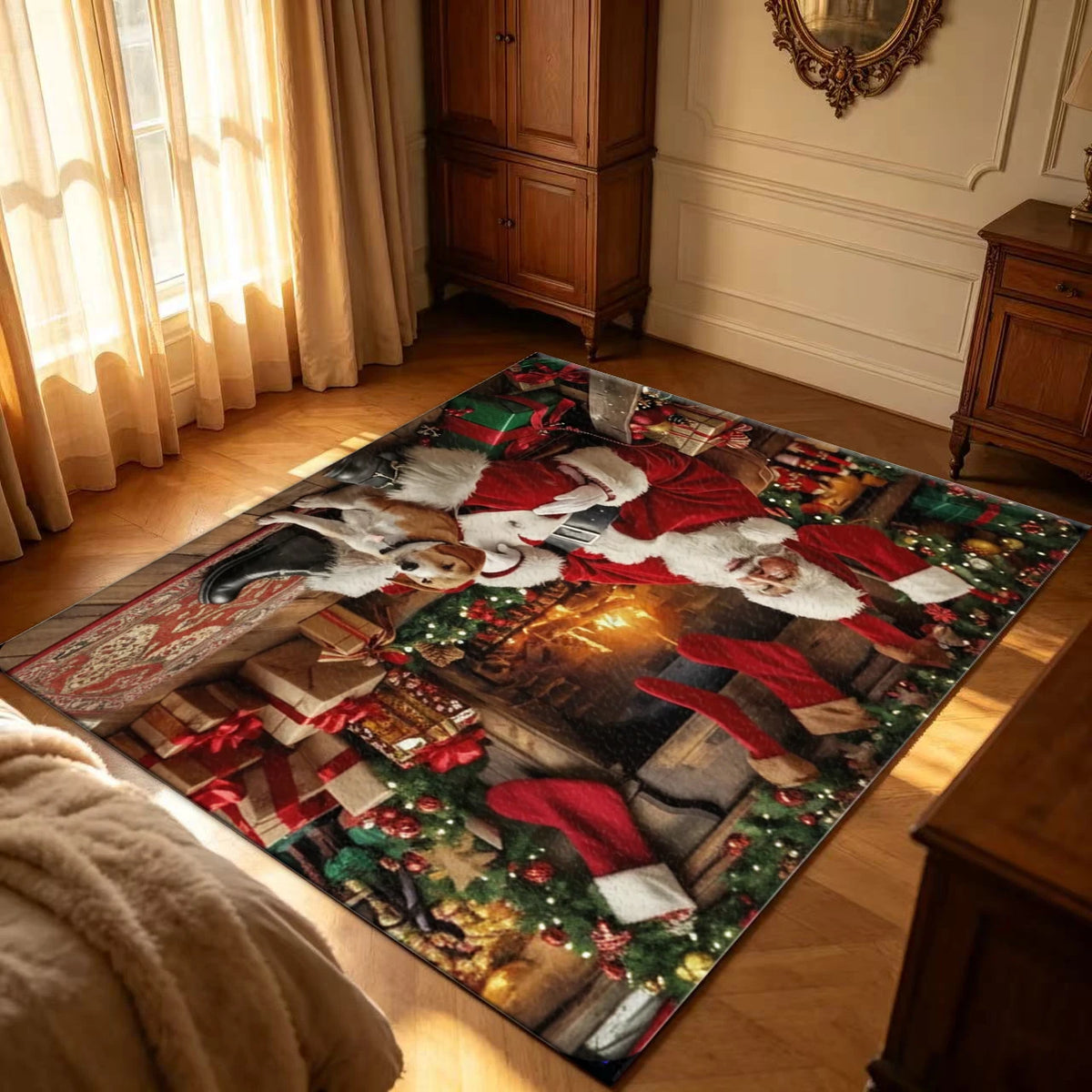 Christmas Fireplace Rug With Santa Claus And Dog Holiday Decor