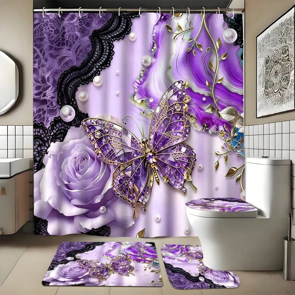 Marble Butterfly Shower Curtain Set With Anti Slip Lid