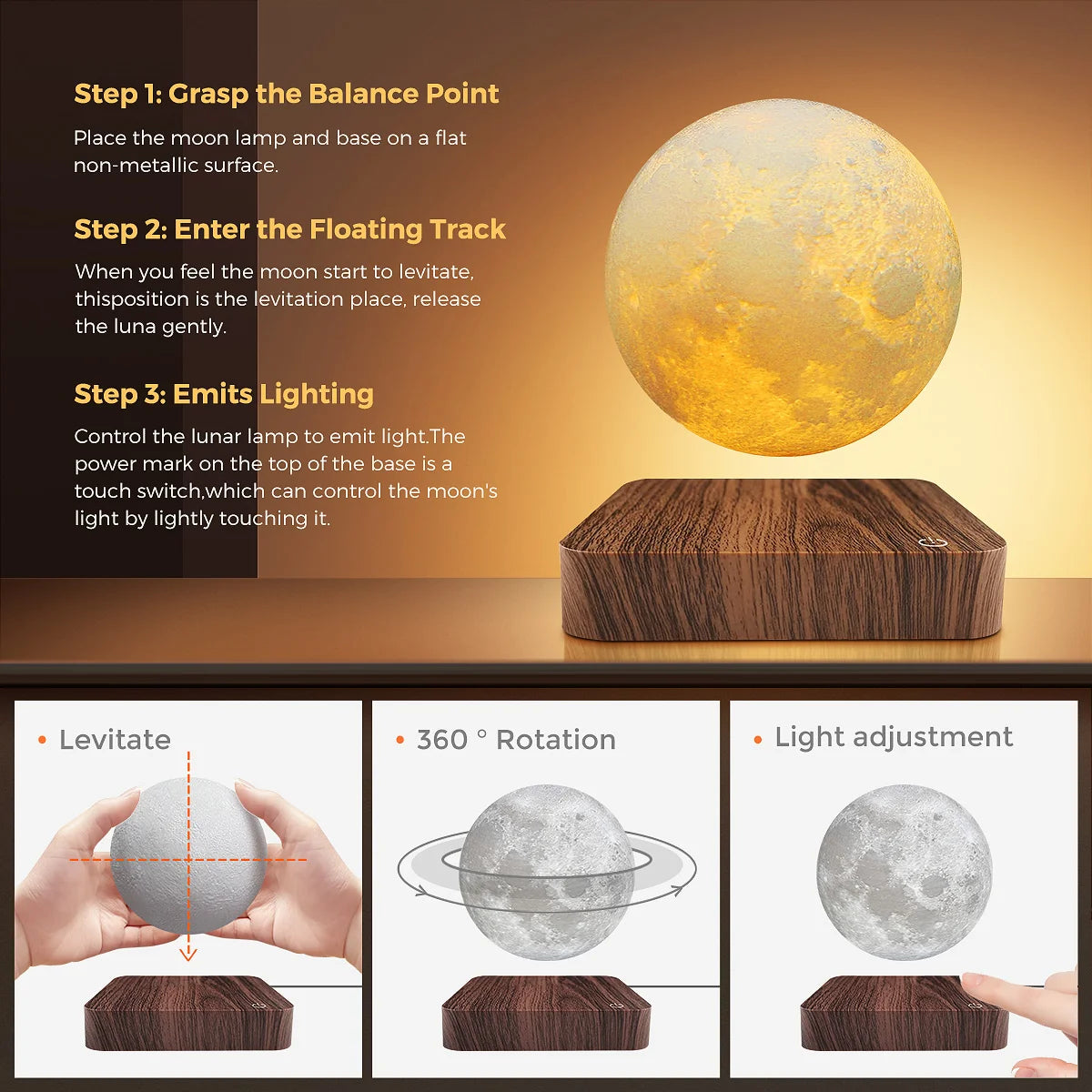 Mexllex Magnetic Floating Rotating Moon Lamp Wooden Base LED Light