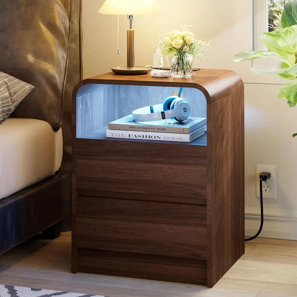 Nightstand With Charging Station And LED Light Two Drawers