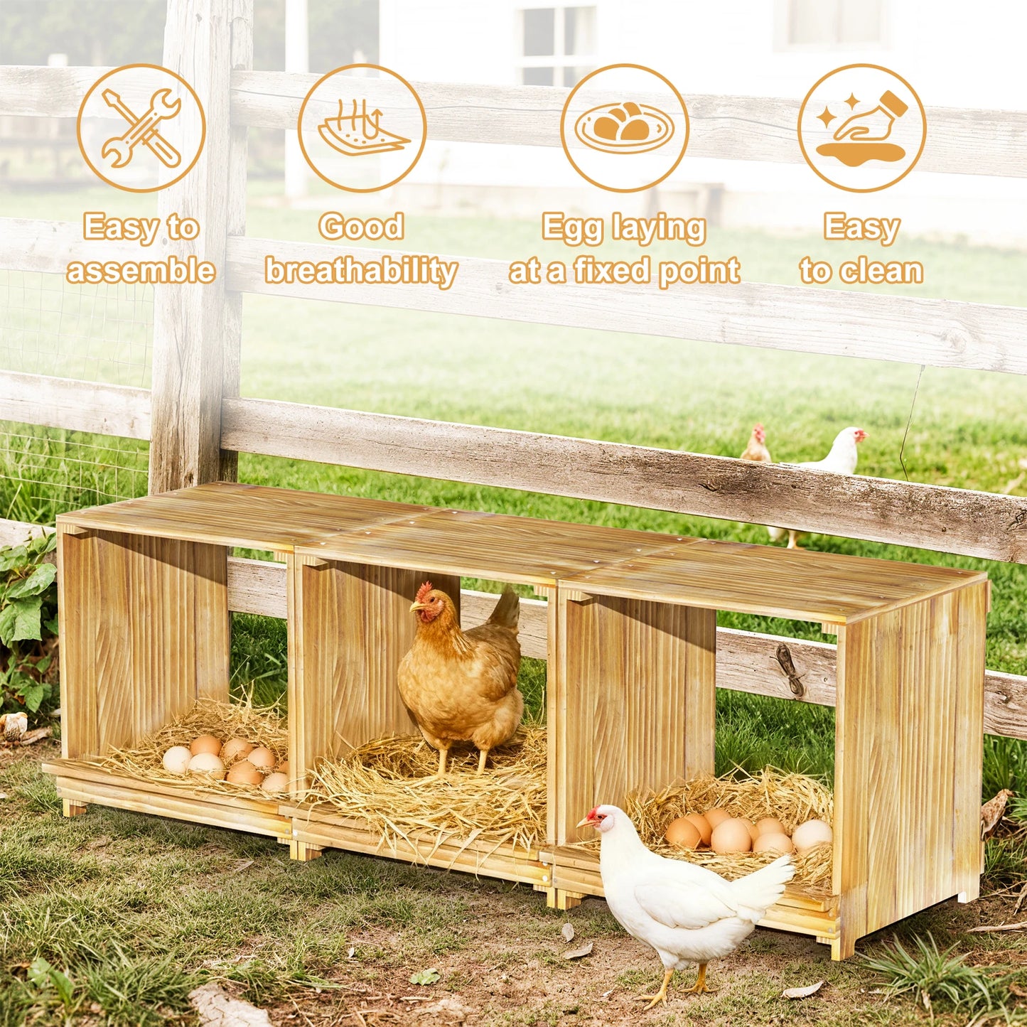 Pine Wood Chicken Nesting Box 3 Compartment Egg Nest Chickens