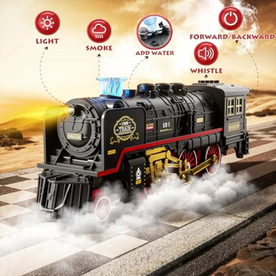 OLOEY Electric Steam Train Set With Glowing Carriages Realistic Smoke