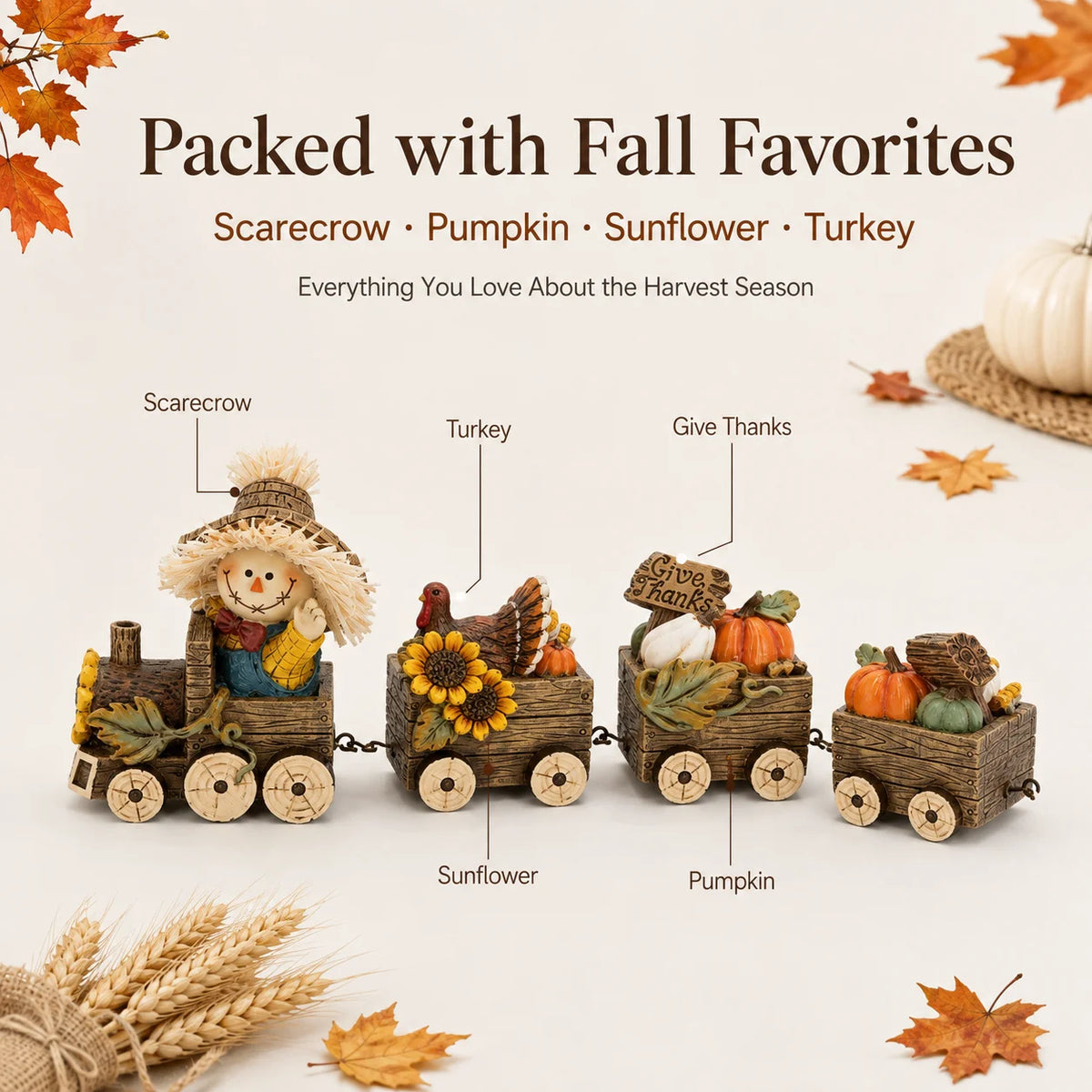 Hodao Scarecrow Resin Fall Harvest Train Figurine Set