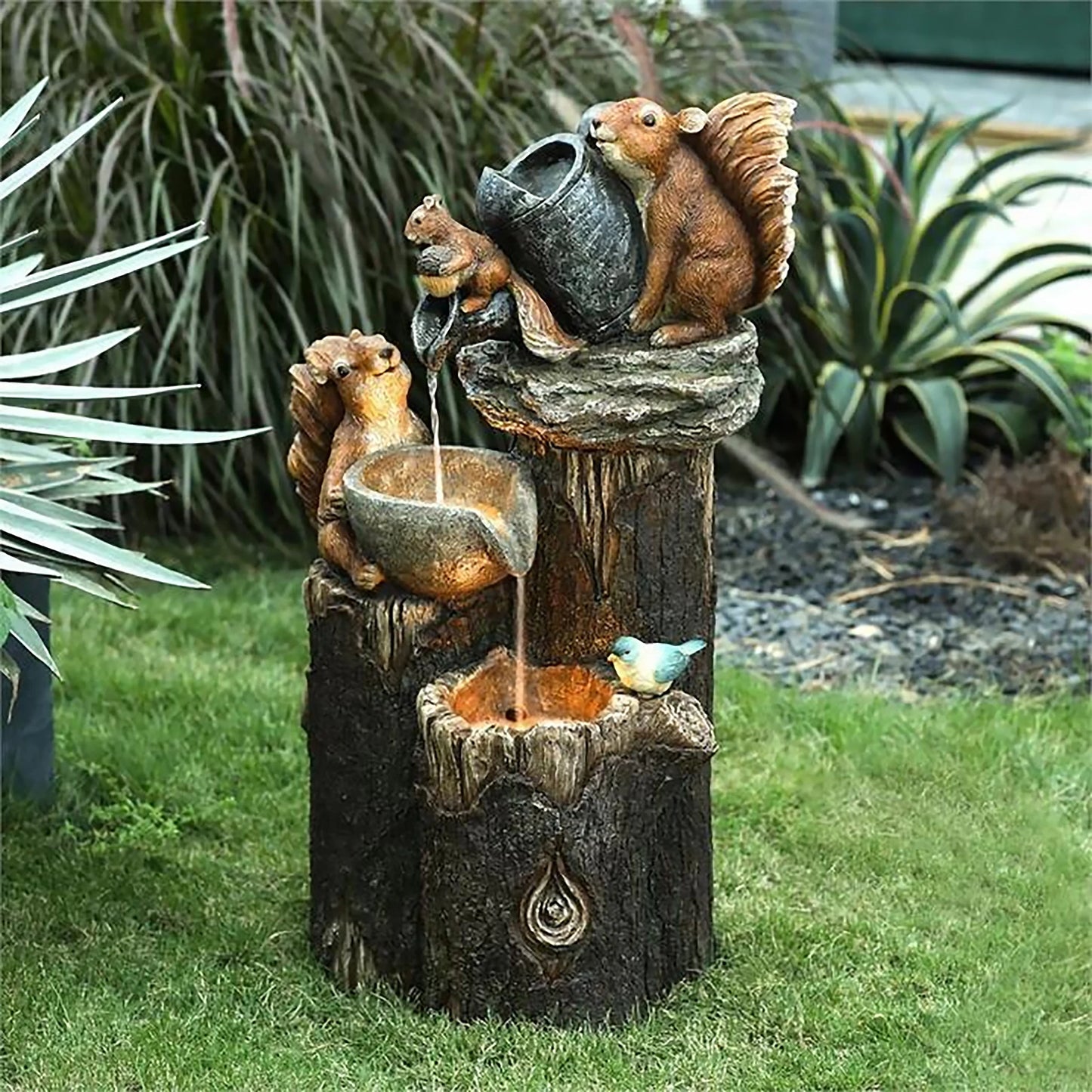 Alloet Duck Squirrel Fountain Statue With Light Garden Decor