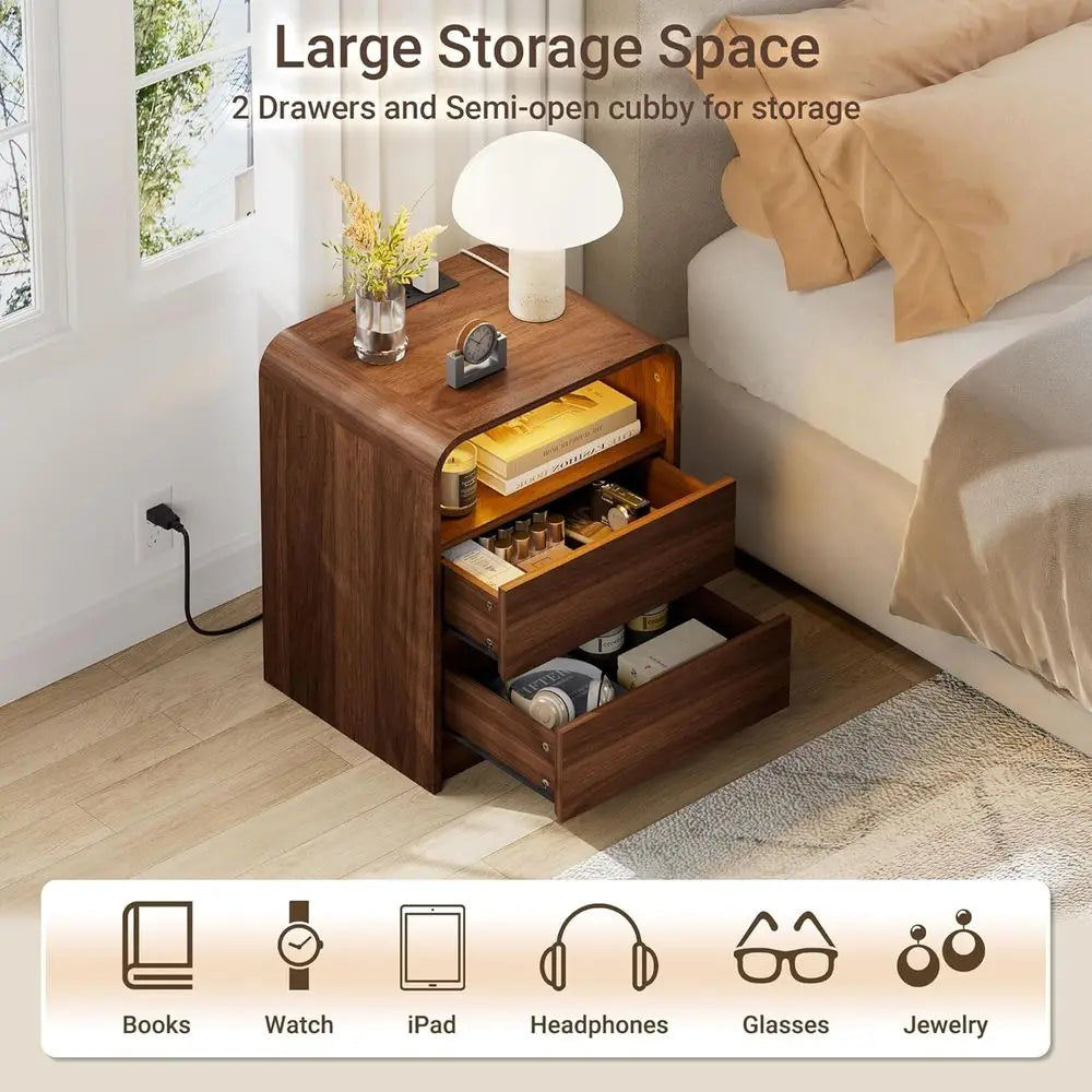 Nightstand With Charging Station And LED Light Two Drawers