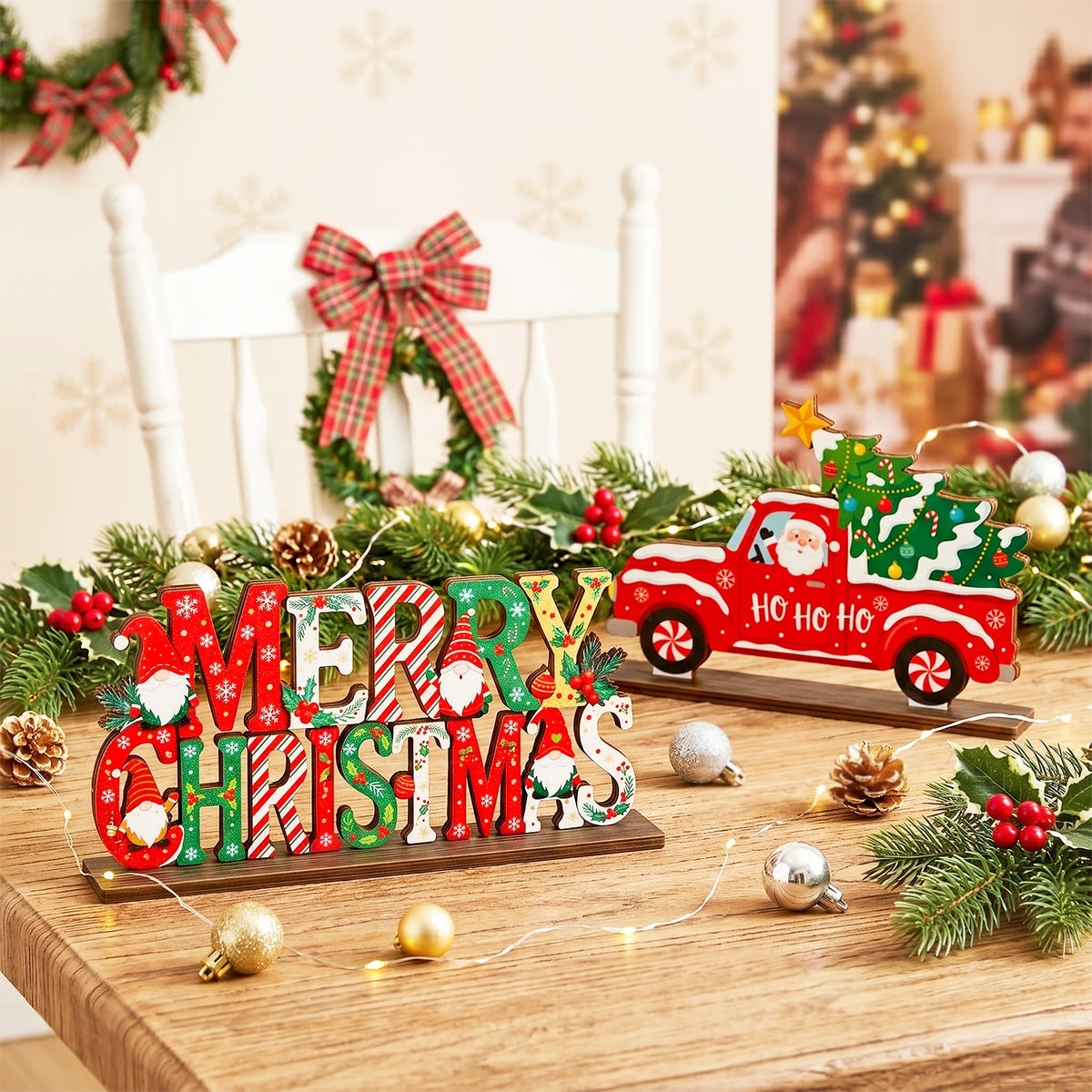 Christmas Wooden Tabletop Ornaments for Festive Holiday Table Decor