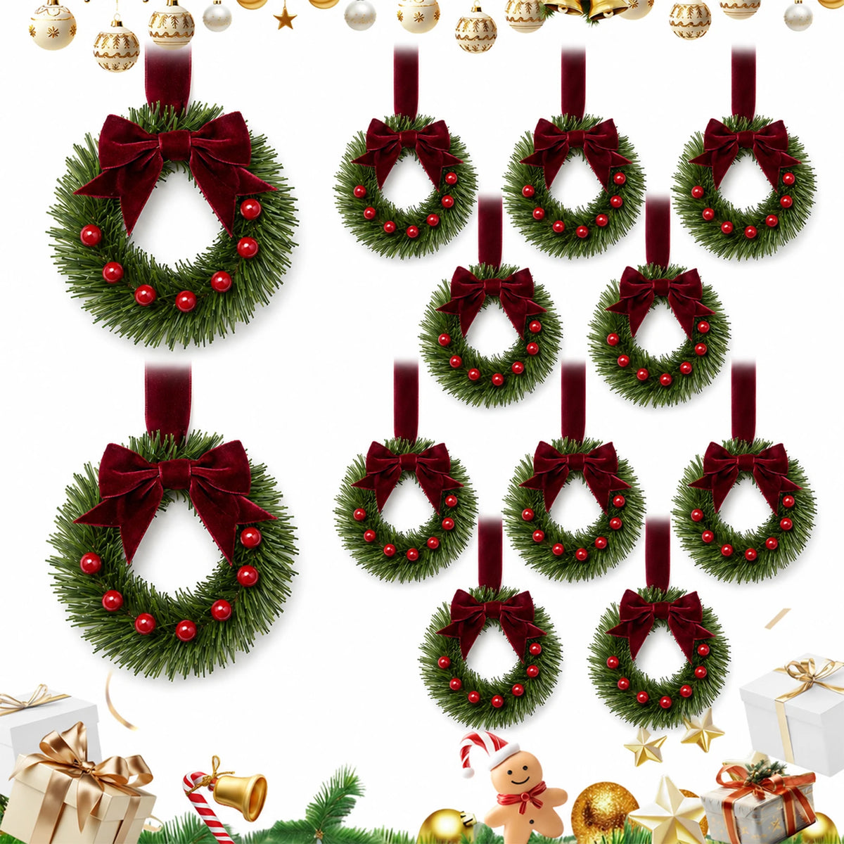 HiMISS Mini Christmas Wreaths With Bows For Cabinet Holiday Decor