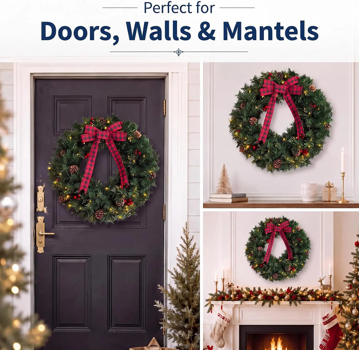 Tacleekii Artificial Christmas Wreath With Pinecones Bow And LEDs