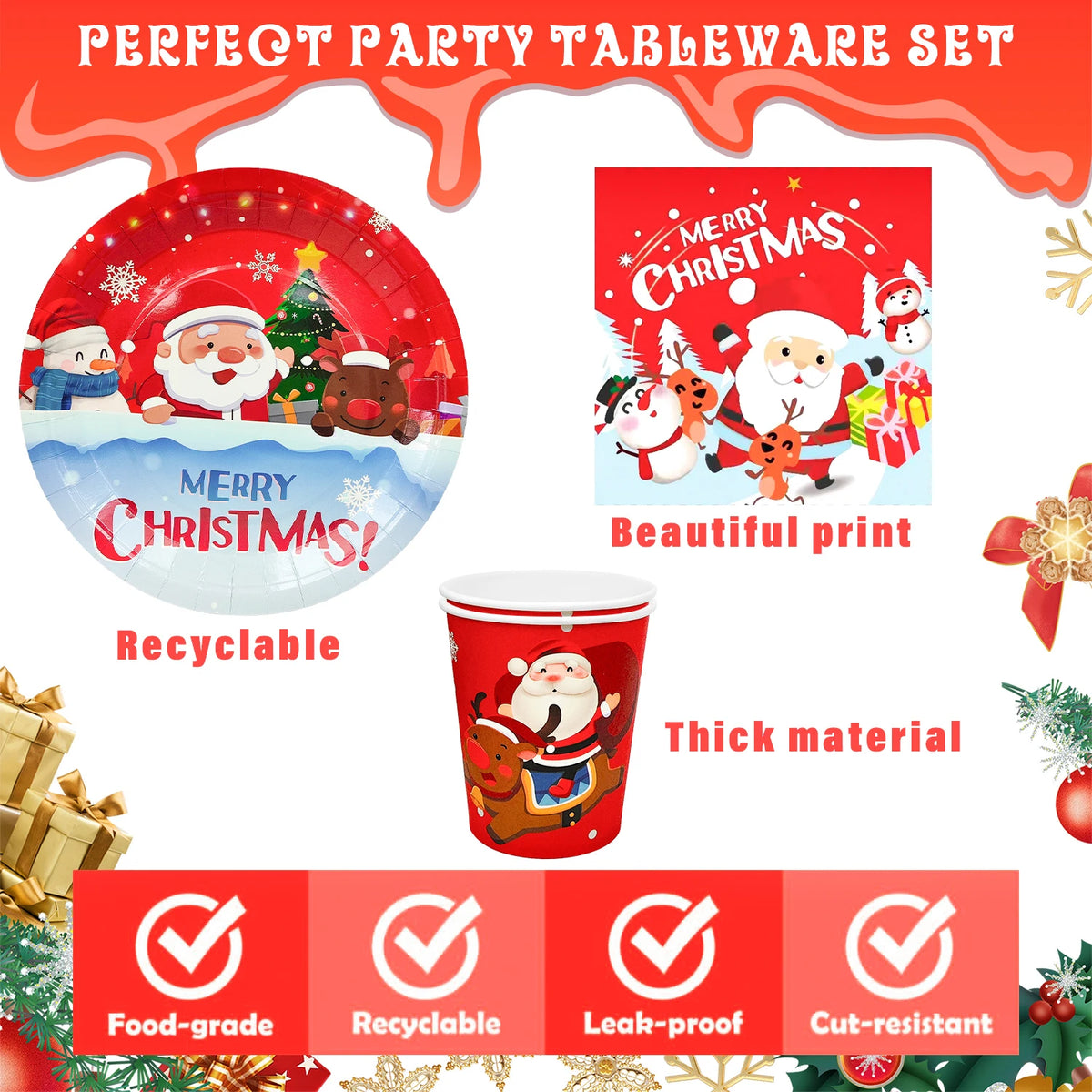 Christmas Party Tableware Set With Paper Plates Napkins Cups