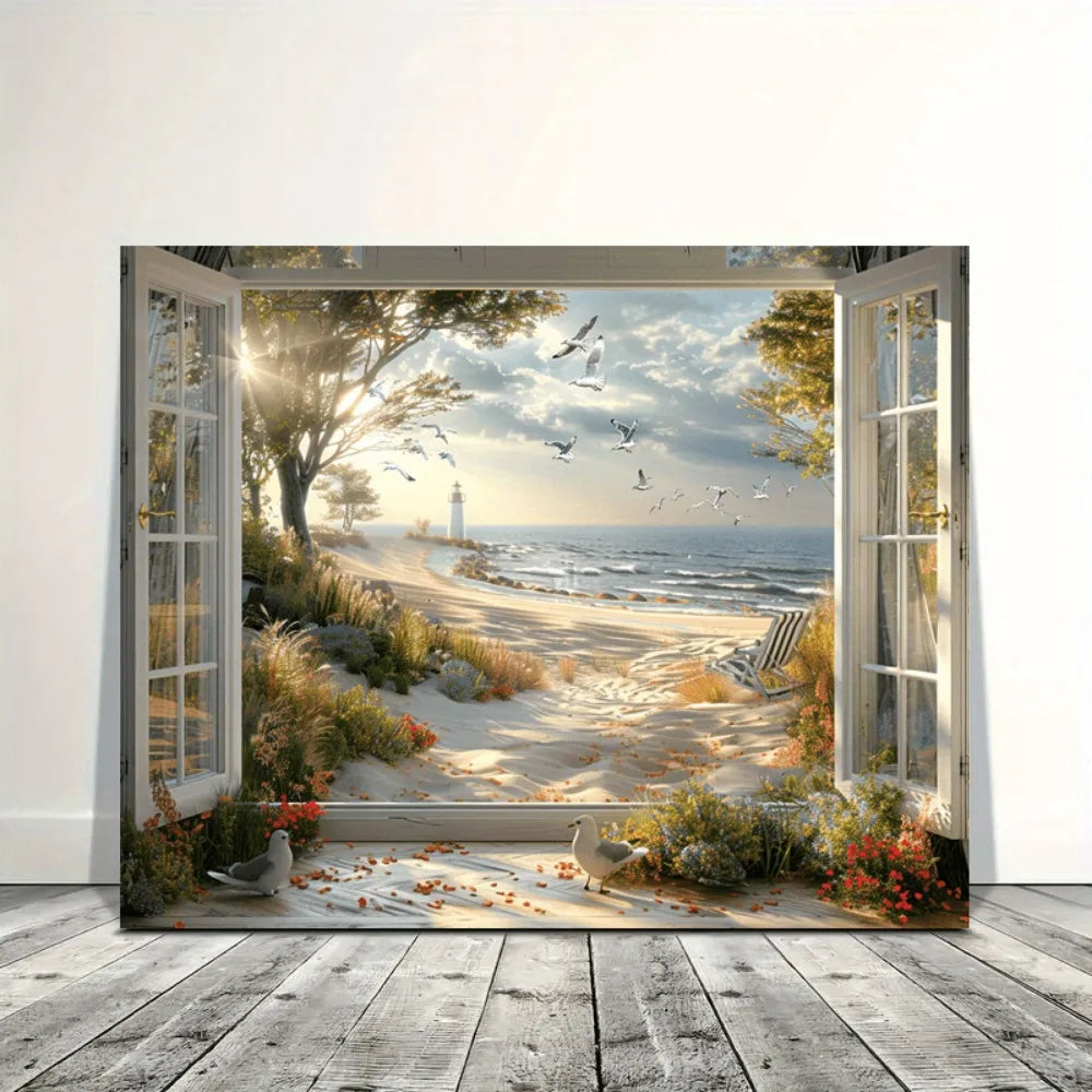 Coastal Lighthouse Seascape Canvas Art In Pine Frame