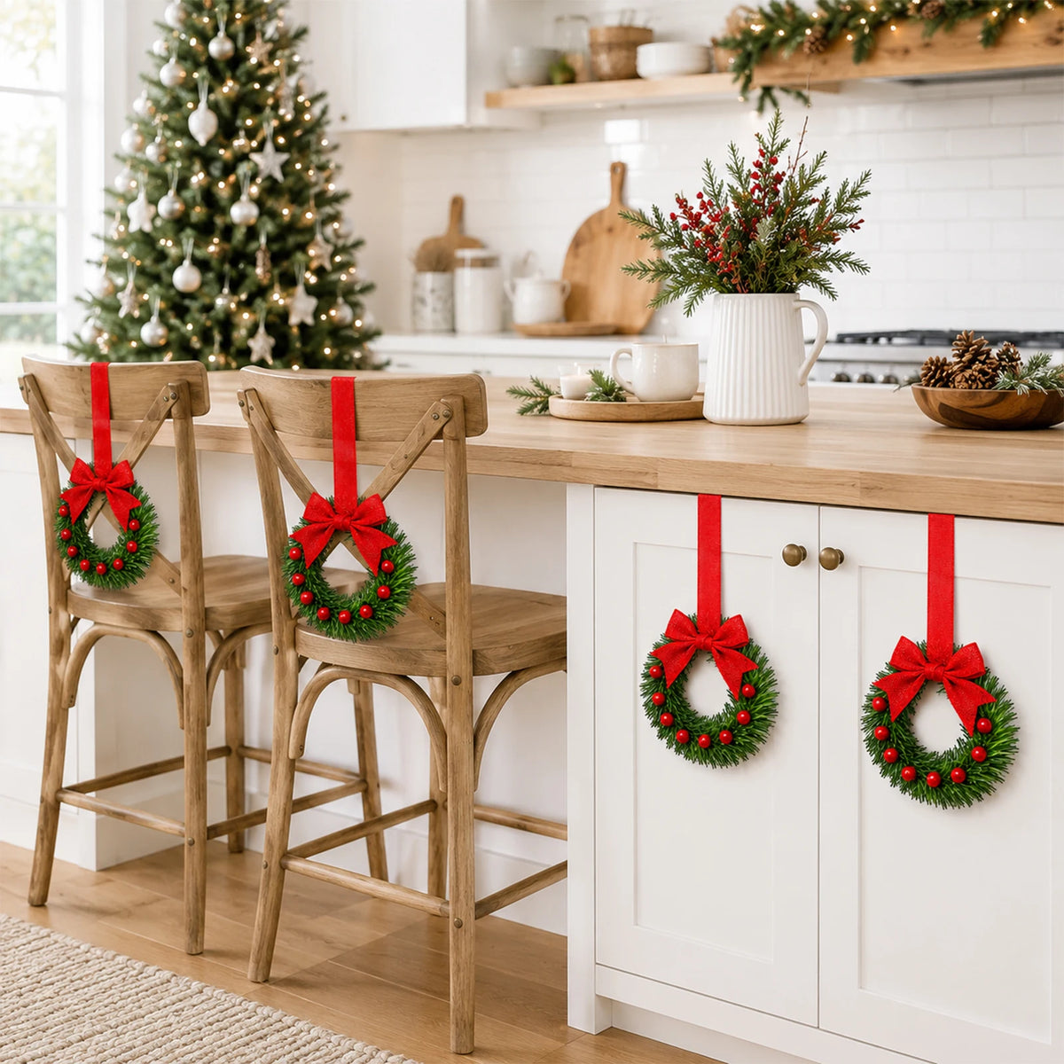 HiMISS Mini Christmas Wreaths With Bows For Cabinet Holiday Decor