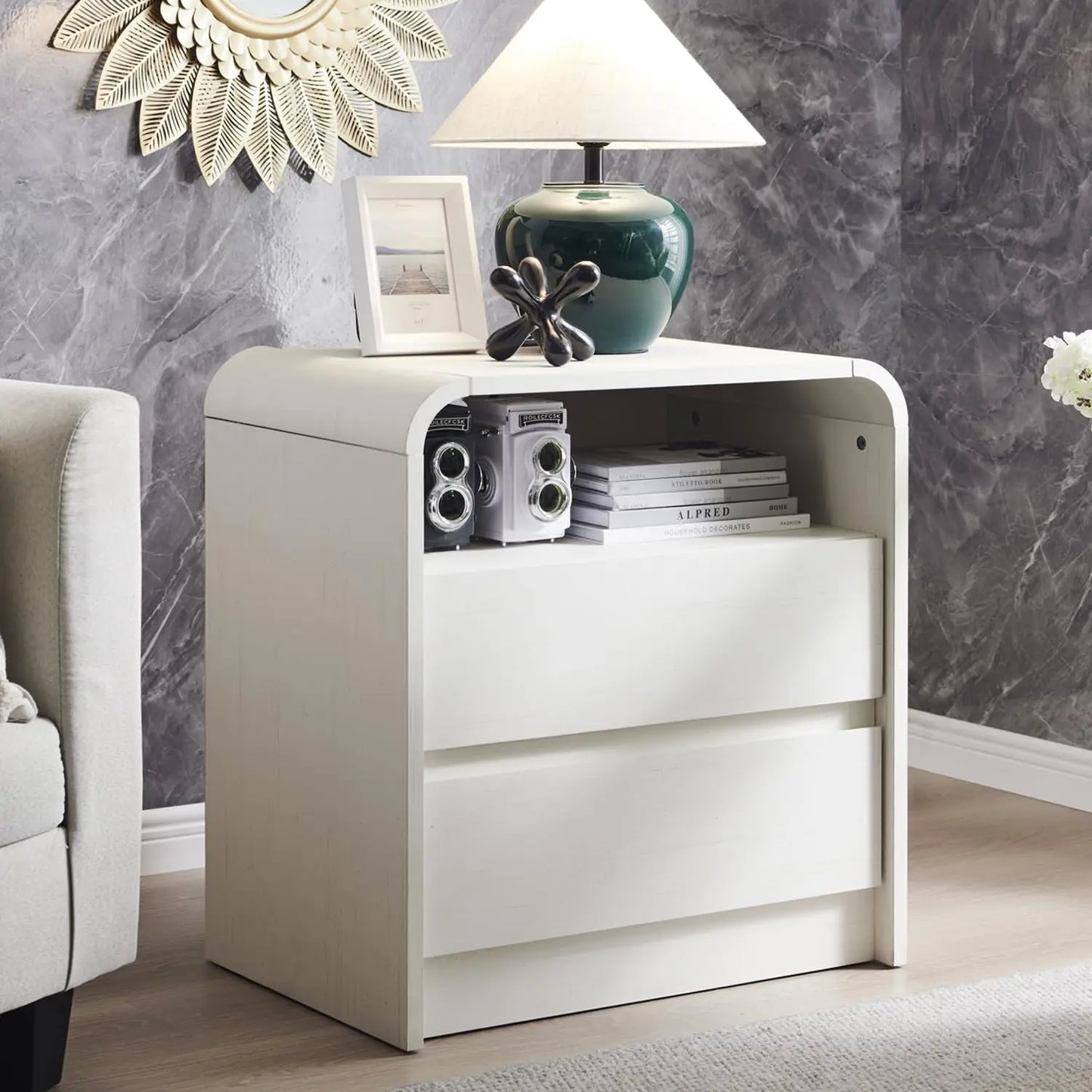 Wooden Nightstand With Charging Station And Two Storage Drawers