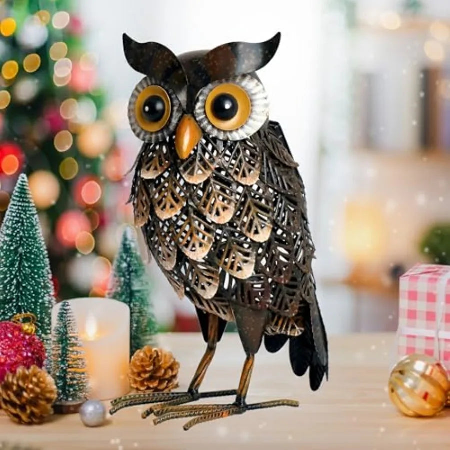 Metal Owl Garden Statue With Solar LED Lights For Patio